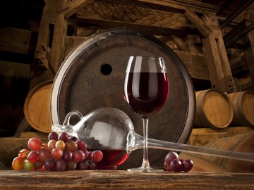 Glas Rotwein mit Trauben und Decanter vor Eichenfass
